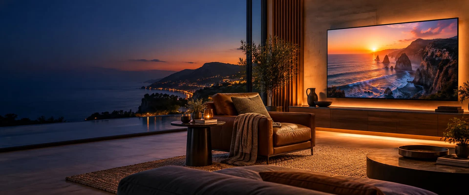 Sala de estar com televisão e vista para a costa ao entardecer