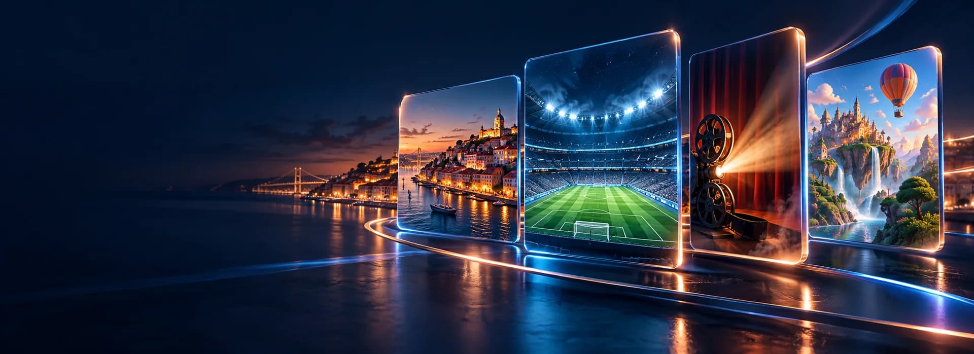 Cenários de televisão, desporto, cinema e entretenimento em painéis luminosos