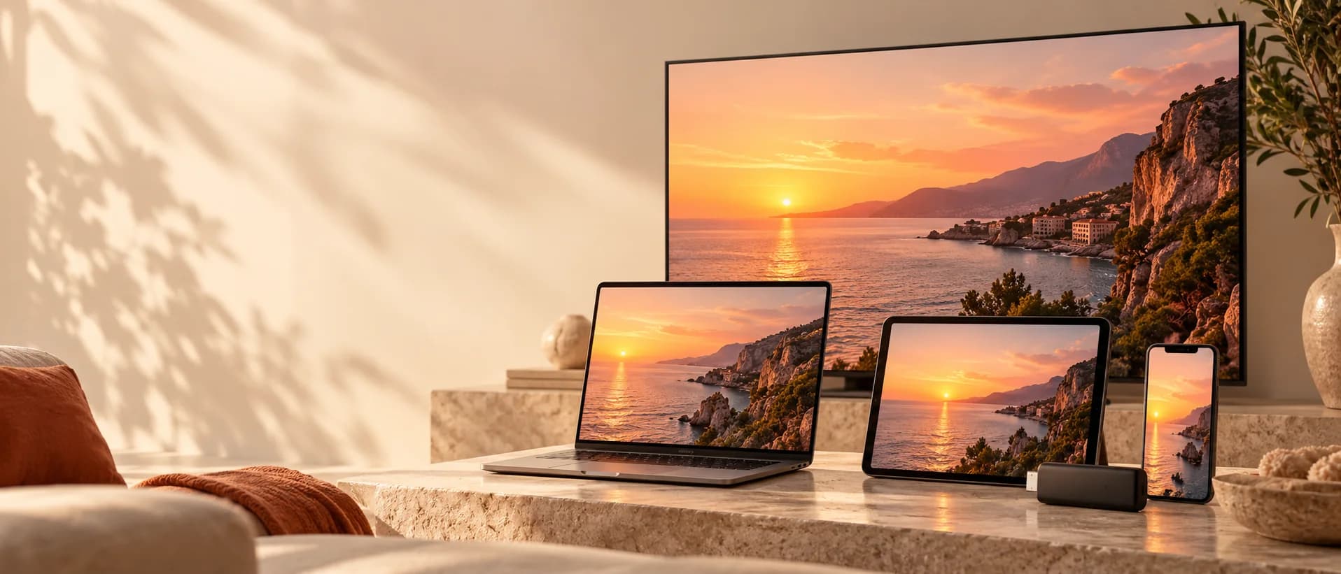 Televisão, computador, tablet e telemóvel numa sala de estar