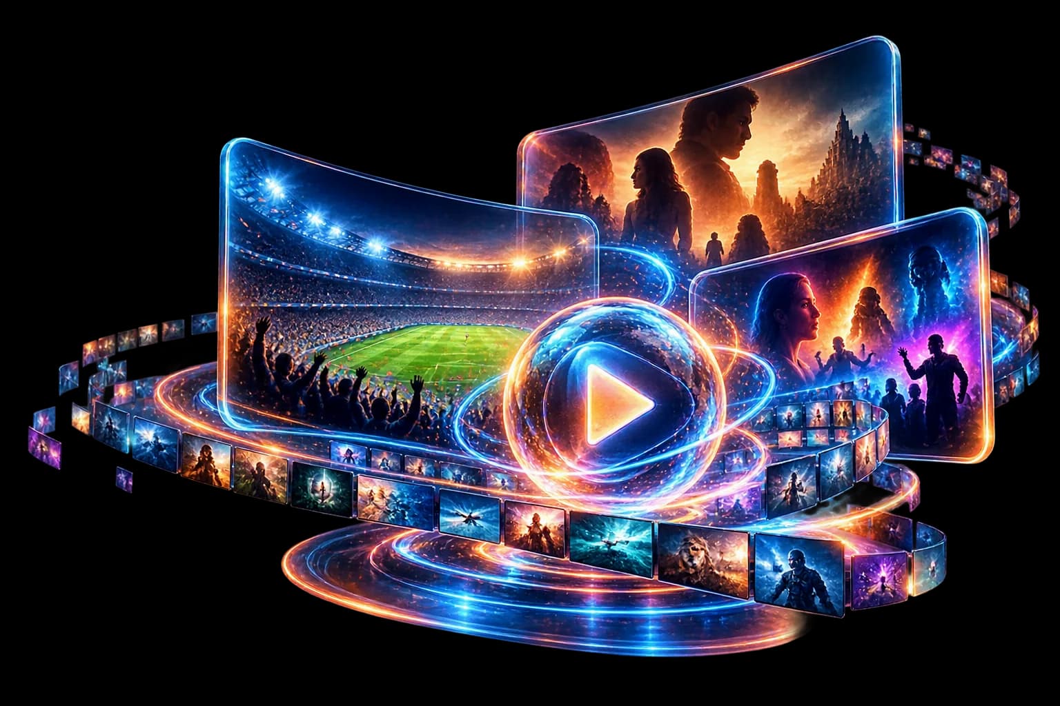 Universo holográfico de conteúdos IPTV com futebol em direto, filmes e séries